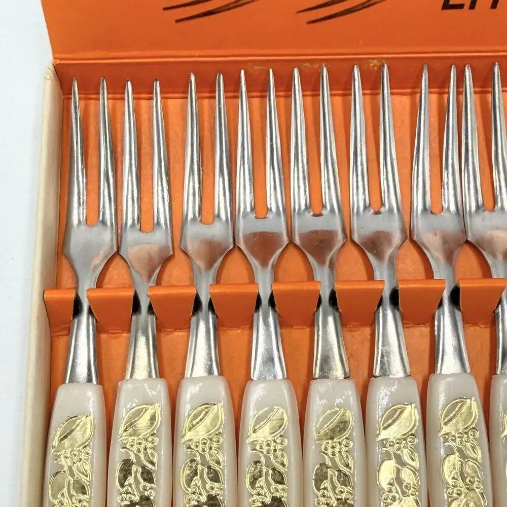 Vintage Set of 12 Stainless Steel Little Forks Cocktail Appetizer Picks Gold